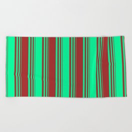 [ Thumbnail: Green & Brown Colored Striped/Lined Pattern Beach Towel ]