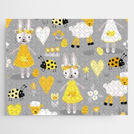Easter Bunny Girls Flowers Sheep Ladybugs Gray Yellow White Pattern Jigsaw Puzzle