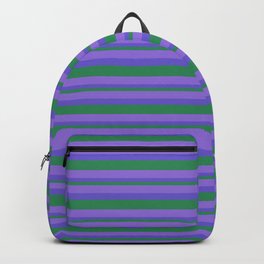 [ Thumbnail: Purple, Slate Blue, and Sea Green Colored Lined Pattern Backpack ]