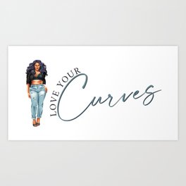 Love Your Curves Body Positivity Design - Curvy Girl Purple Hair Curved Text Art Print