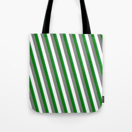 [ Thumbnail: Grey, White, Sea Green, and Green Colored Stripes/Lines Pattern Tote Bag ]