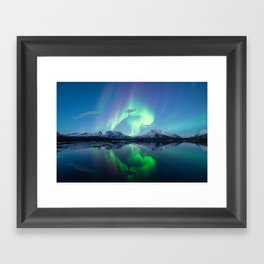 Northern lights and mountains Framed Art Print