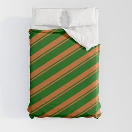 [ Thumbnail: Chocolate & Dark Green Colored Striped Pattern Duvet Cover ]