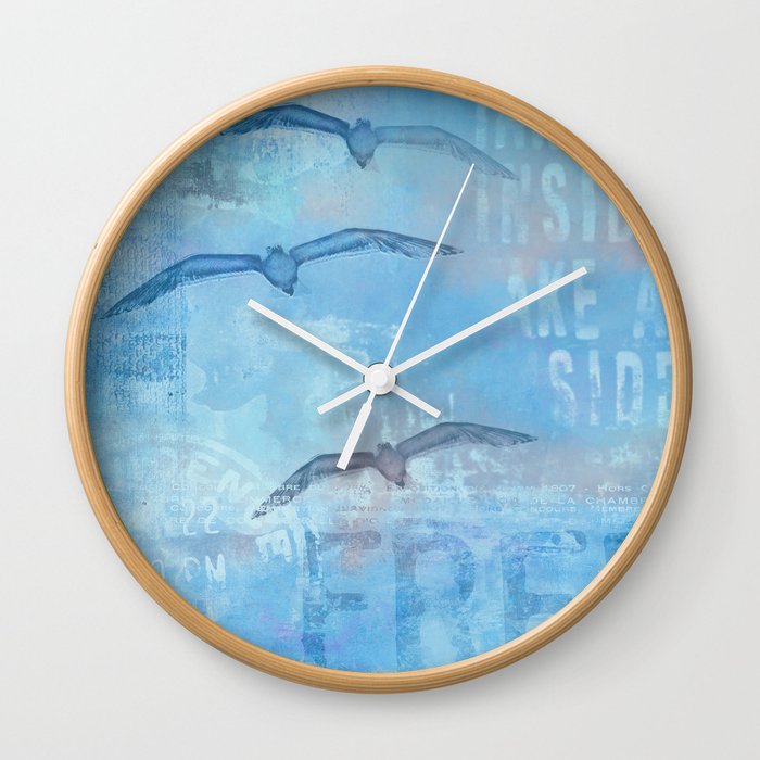 Free sea gull blue mixed media art Wall Clock