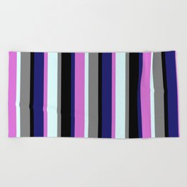 [ Thumbnail: Eye-catching Midnight Blue, Orchid, Light Cyan, Gray, and Black Colored Stripes/Lines Pattern Beach Towel ]