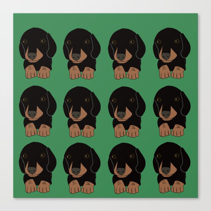 Dachshund Puppies Galore! Canvas Print | Drawing, Digital, Dachshund-puppy, Dachshund-puppies, Dachshund, Cute, Green, Brown, Black, Gifts