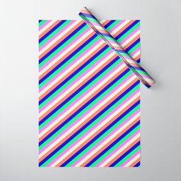 [ Thumbnail: Eyecatching Salmon, Blue, Green, Violet & Beige Colored Lines Pattern Wrapping Paper ]