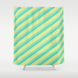 [ Thumbnail: Turquoise and Tan Colored Lined/Striped Pattern Shower Curtain ]
