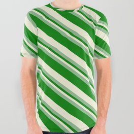 [ Thumbnail: Dark Sea Green, Green & Beige Colored Stripes/Lines Pattern All Over Graphic Tee ]