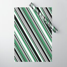 [ Thumbnail: Dark Gray, Sea Green, Mint Cream, and Black Colored Stripes/Lines Pattern Wrapping Paper ]