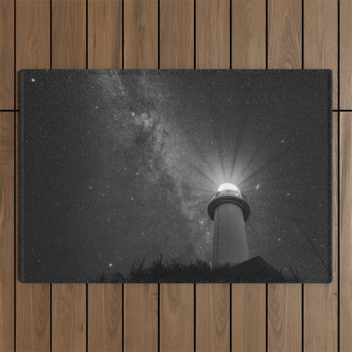 Lighthouse starry sky; Milky Way landscape black and white photograph - photography - photographs Outdoor Rug