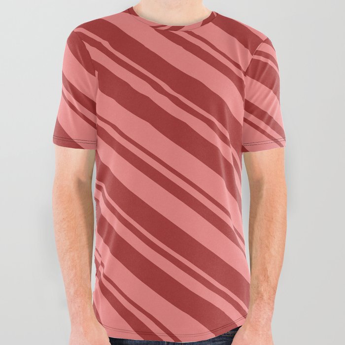 Light Coral & Brown Colored Lined/Striped Pattern All Over Graphic Tee