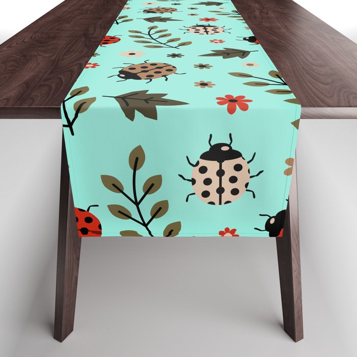 Ladybug and Floral Seamless Pattern on Seafoam Background Table Runner