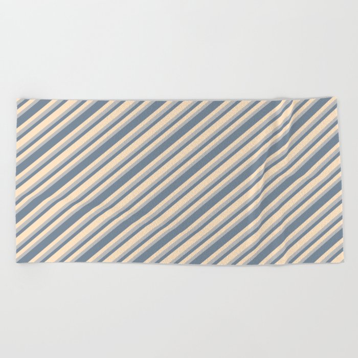 Bisque, Grey, and Light Slate Gray Colored Striped Pattern Beach Towel