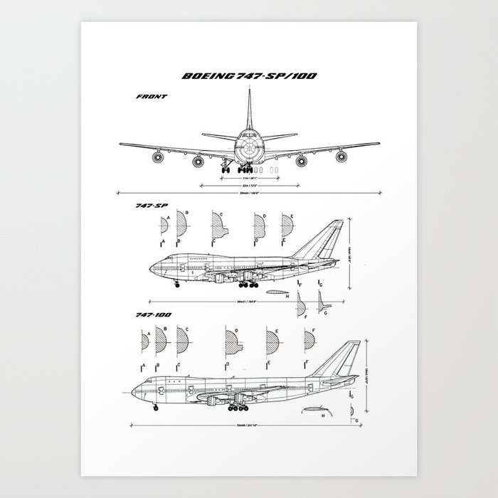 Boeing 747-SP and 747-100 Blueprint in High Resolution (white) Art Print