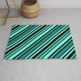 [ Thumbnail: Aquamarine, Teal, and Black Colored Pattern of Stripes Rug ]