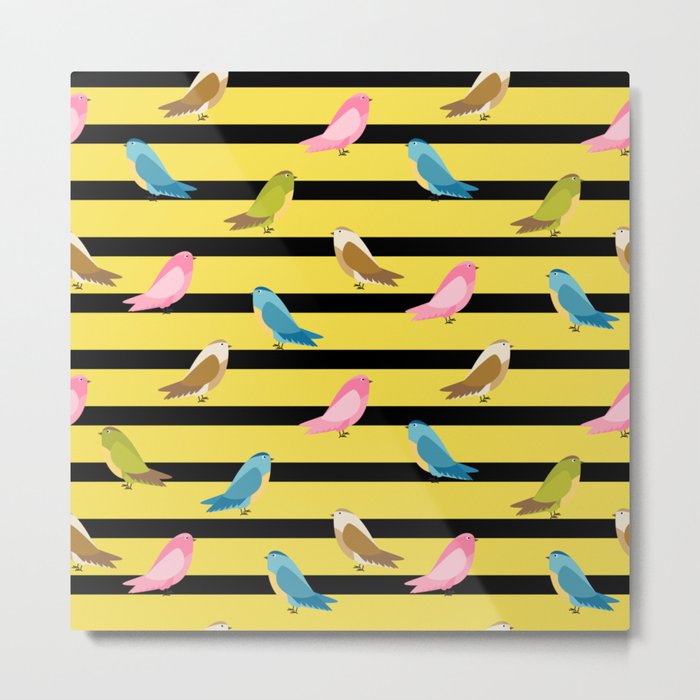 Watercolor Birds and Black Stripes on Sunshine Yellow Metal Print