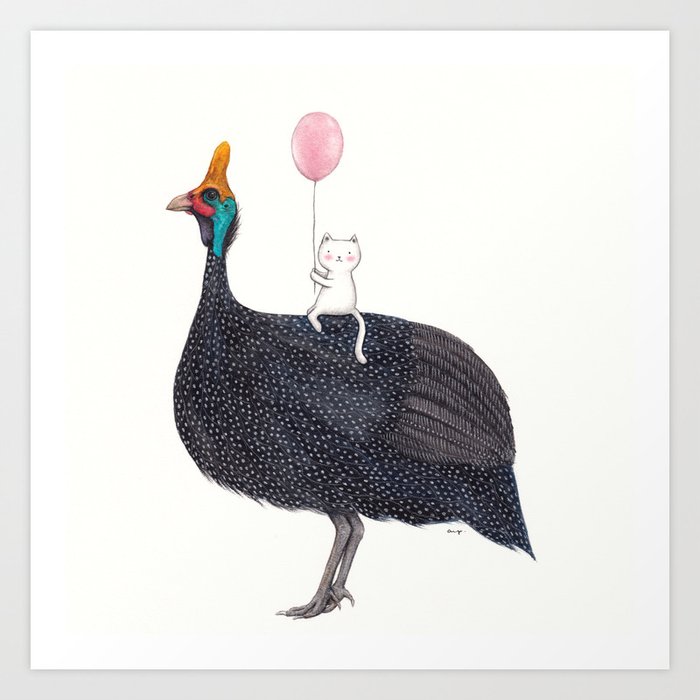 Guinea Fowl and Cat Art Print