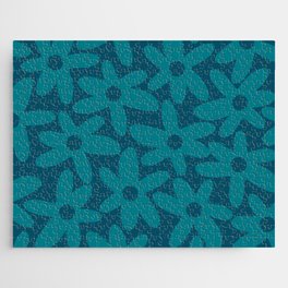 Daisy Time Retro Floral Pattern in Teal Blue Jigsaw Puzzle