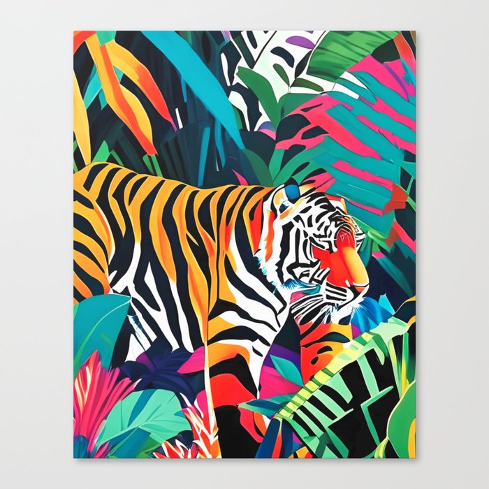 The Tigress, Fearless Wild Animal Tropical Jungle, Multicolor Cat Confidence Peaceful Calm Bohemian Eclectic Canvas Print