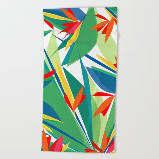 Tropical floral composition, exotic flowers, birds of paradise. Beach Towel