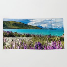 New Zealand Photography - Field Of Lupin Flowers By The Crystal Water Beach Towel