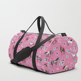 Pink Horse Print, Hand Drawn, Horses and Flowers, Girls Room, Duffle Bag