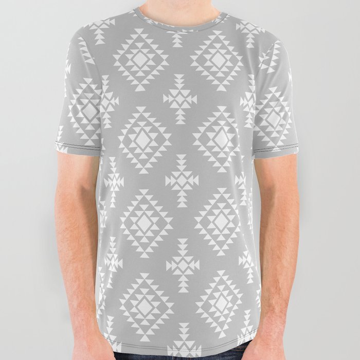 Light Grey and White Native American Tribal Pattern All Over Graphic Tee