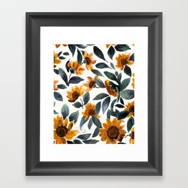 Sunset Sunflowers - Teal Leaves Framed Art Print