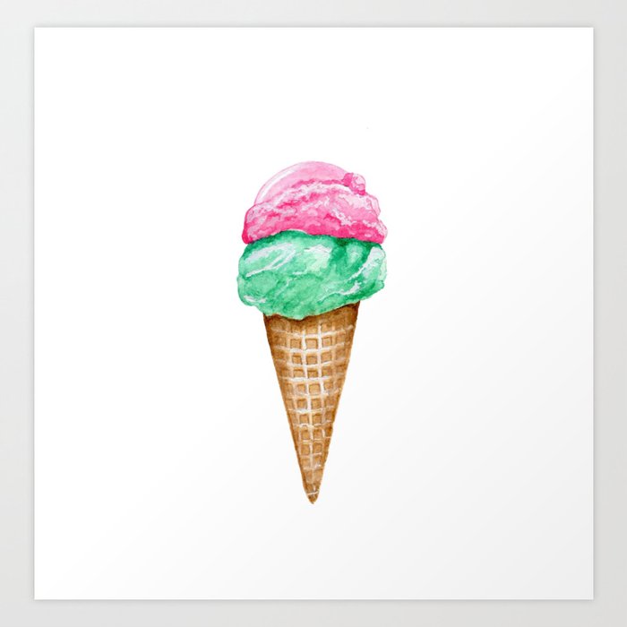 Strawberry and Mint Ice Cream in Watercolor Art Print