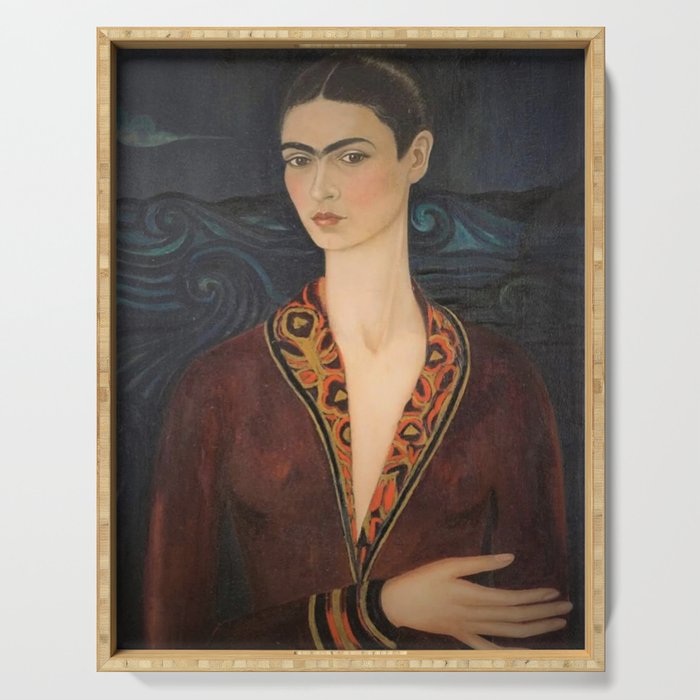 Frida Kahlo self portrait in a velvet dress painting for home and wall decor  Serving Tray