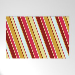 [ Thumbnail: Crimson, Tan, Dark Red, Goldenrod, and Light Cyan Colored Lines Pattern Welcome Mat ]
