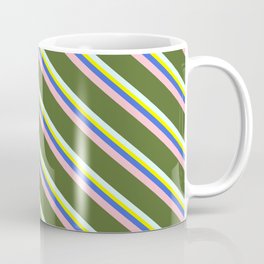 [ Thumbnail: Colorful Yellow, Royal Blue, Pink, Dark Olive Green, and Light Cyan Colored Lined/Striped Pattern Coffee Mug ]