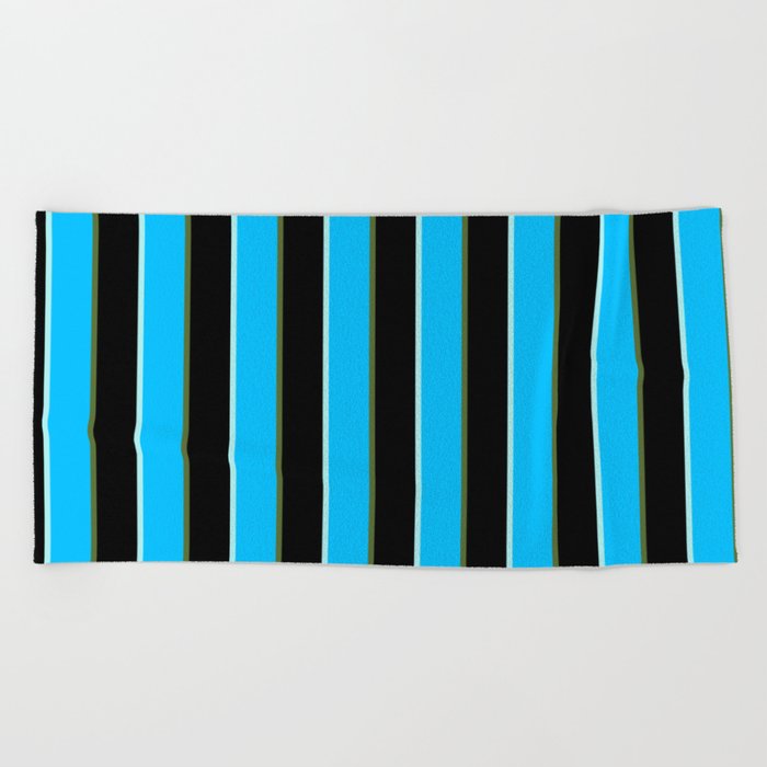 Turquoise, Deep Sky Blue, Dark Olive Green, and Black Colored Stripes/Lines Pattern Beach Towel