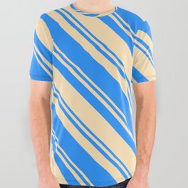 [ Thumbnail: Blue and Beige Colored Pattern of Stripes All Over Graphic Tee ]