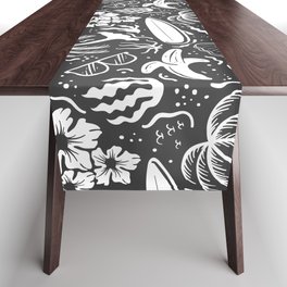Dark Grey and White Surfing Summer Beach Objects Seamless Pattern Table Runner