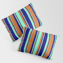 [ Thumbnail: Chocolate, Aquamarine & Blue Colored Stripes Pattern Pillow Sham ]