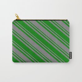 [ Thumbnail: Green & Gray Colored Stripes Pattern Carry-All Pouch ]