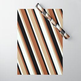 [ Thumbnail: Sienna, Tan, Mint Cream & Black Colored Stripes Pattern Wrapping Paper ]