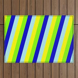 [ Thumbnail: Chartreuse, Blue, Turquoise & Yellow Colored Striped Pattern Outdoor Rug ]