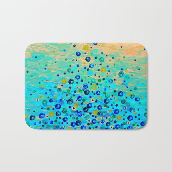 WHAT GOES UP - Cheerful Water Bubbles Aquatic Pattern Cute Turquoise Blue Circles Acrylic Painting Bath Mat