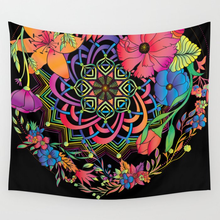 Neon Mandala and Flowers Wall Tapestry