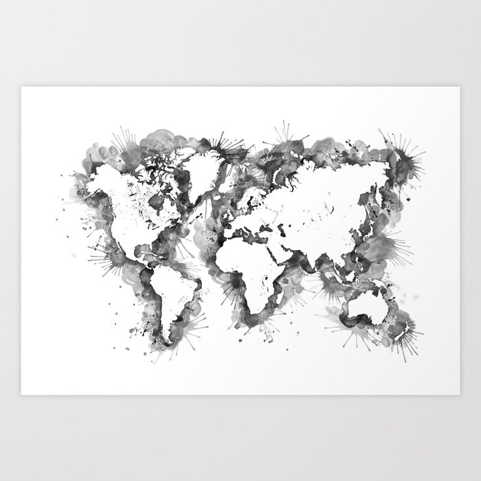 Watercolor splatters world map in grayscale Art Print