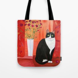 Cat with Carnations Tote Bag