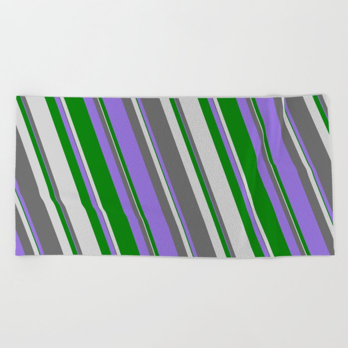 Dim Gray, Purple, Green & Light Grey Colored Lined Pattern Beach Towel