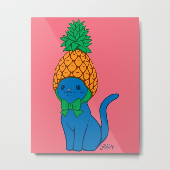 Blue Cat Wears Pineapple Hat Metal Print