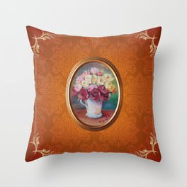 Bouquet of roses still life oil painting on damask pattern Throw Pillow