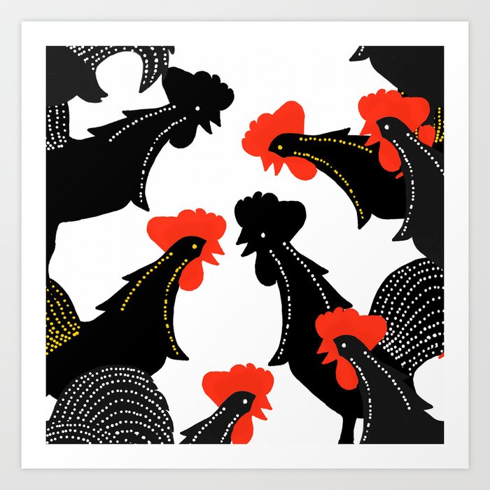 Black Roosters on White Background - Black Red White Color Palette #decor  #society6 #buyart Art Print by Päivi Vikström | Society6