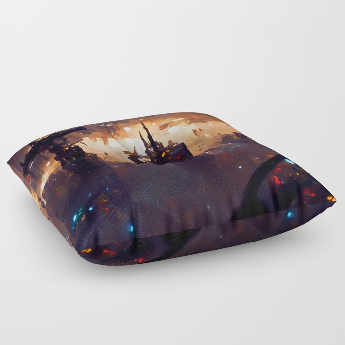 Postcards from the Future - Cyberpunk Cityscape Floor Pillow