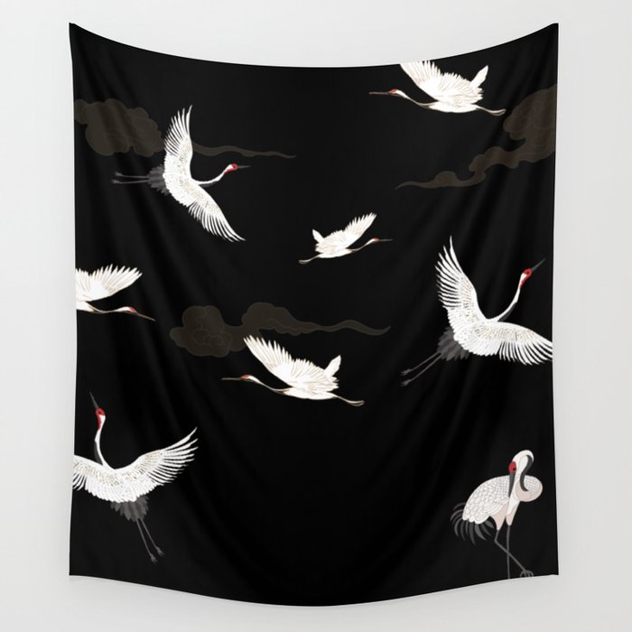 Black and white Chinoiserie, Japanese Flying Cranes Wall Tapestry
